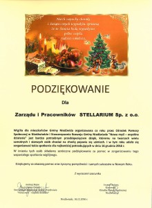 Podziękowanie dla Zarządu i Pracowników STELLARIUM Sp. z o.o.